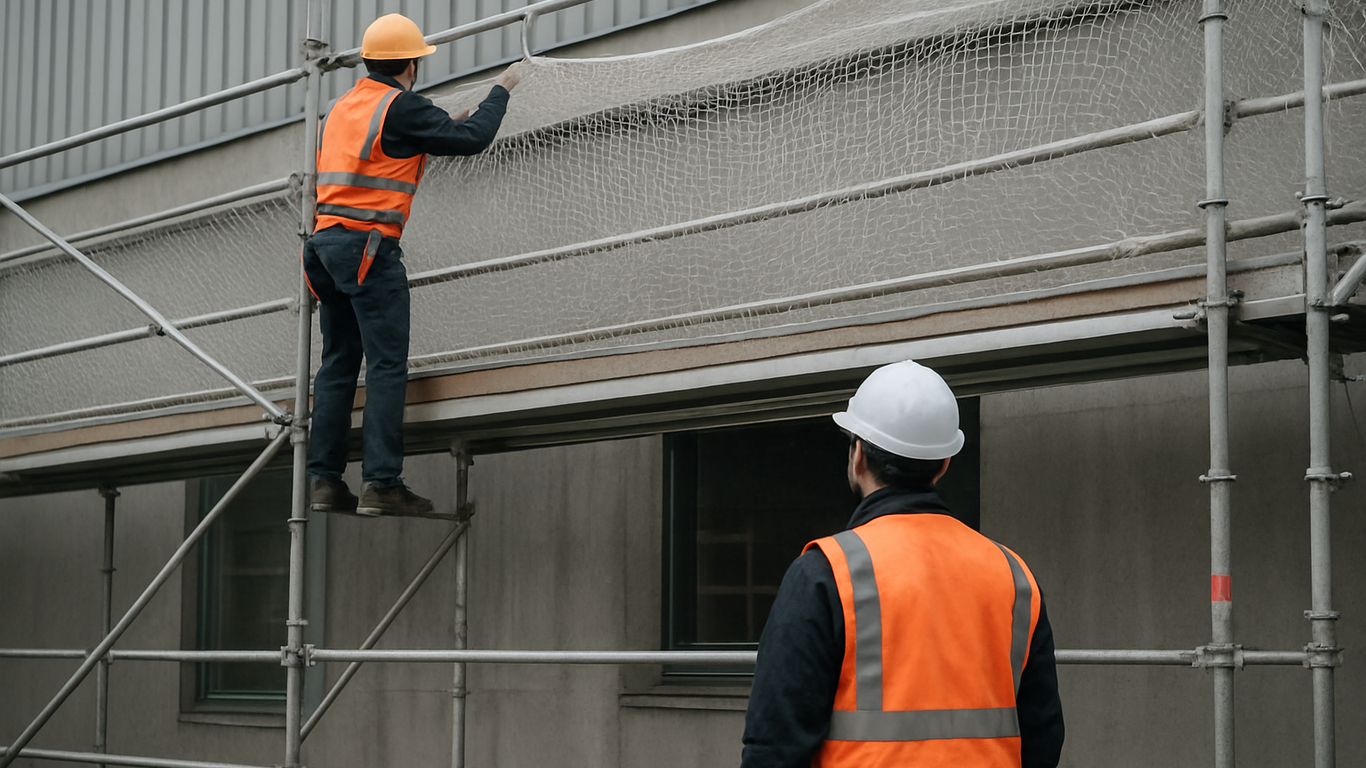 Installation d'un filet de protection sur échafaudage de façade