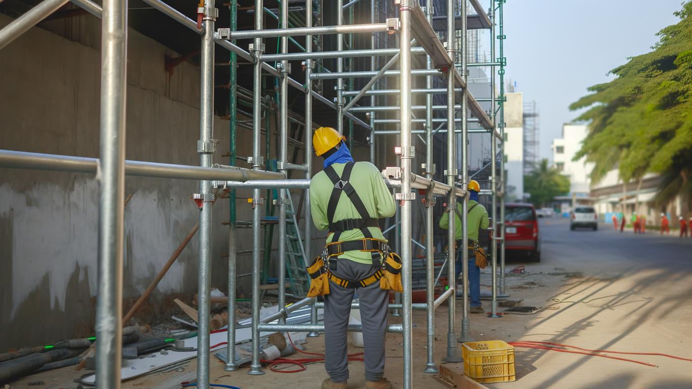 Évaluation de l'emplacement pour échafaudage roulant acier sur chantier