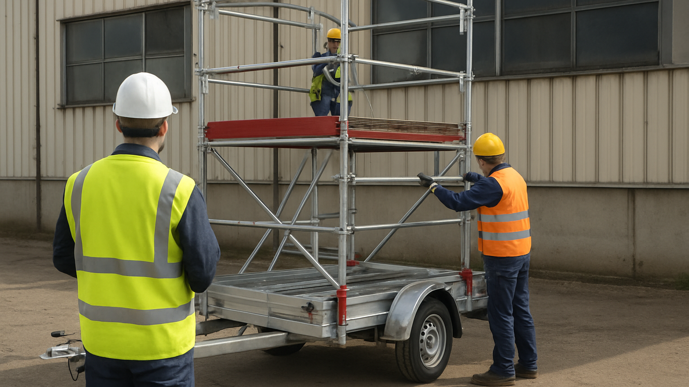 Organisation des équipes autour de l'échafaudage sur remorque sur chantier
