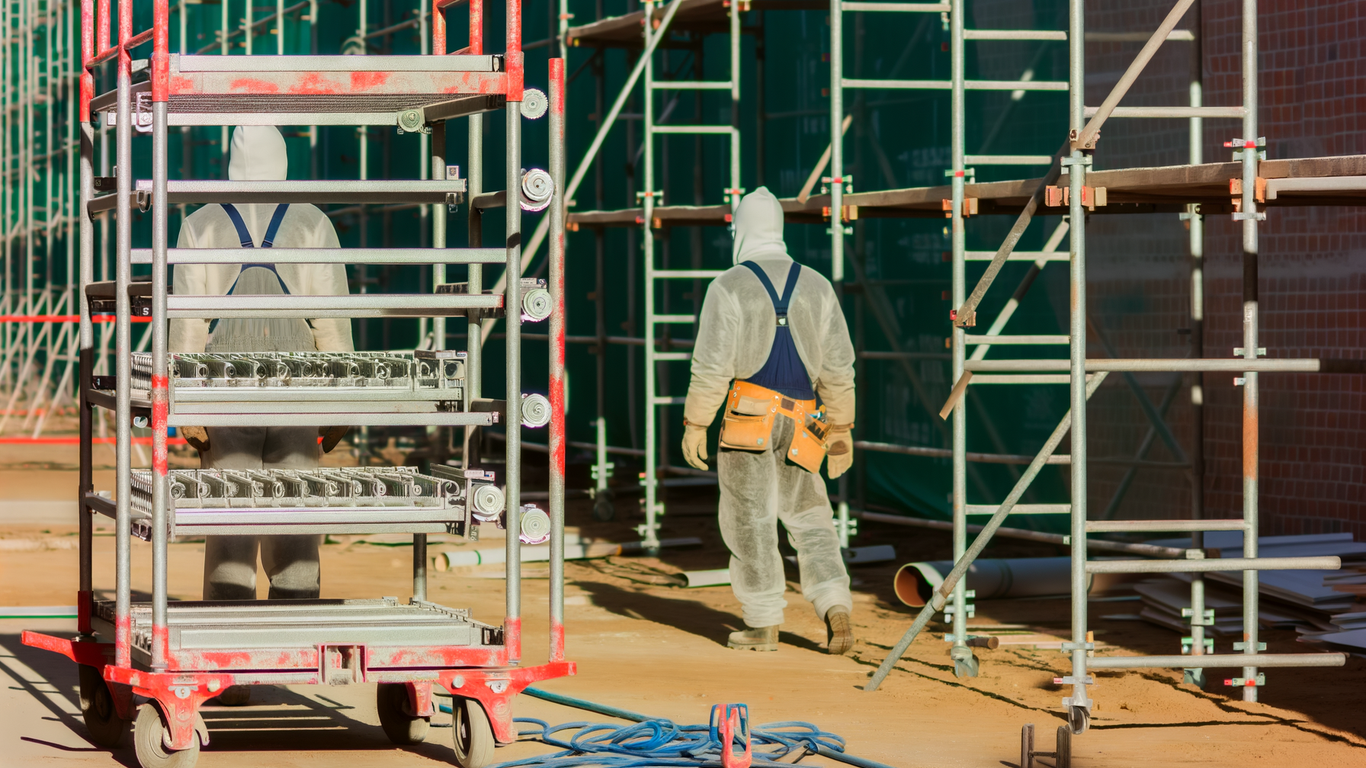Nettoyage et maintenance d'un échafaudage roulant sur chantier